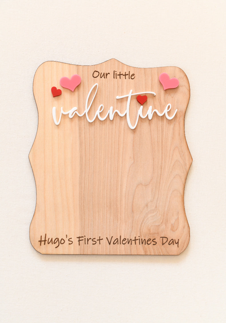 Custom First Valentine's Day wooden sign, designed to capture your baby’s handprint or footprint. Personalized with baby's name engraved.