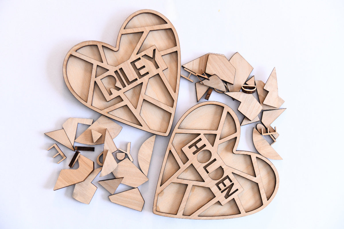 Customizable Heart Puzzle. Made from wood, this puzzle features interlocking pieces and a customizable center where you can add a name or special message. Great for an activity of painting or giving as valentines.