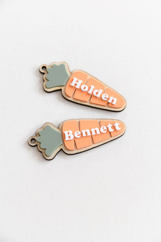 Custom Easter Carrot Name gift/Basket tag. this tag features your Name, tag is cut from high-quality wood and vibrant orange, white, and green acrylic for a fun and festive touch.