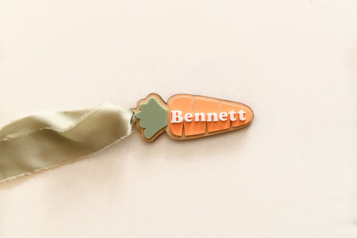 Custom Easter Carrot Name gift/Basket tag. this tag features your Name, tag is cut from high-quality wood and vibrant orange, white, and green acrylic for a fun and festive touch.